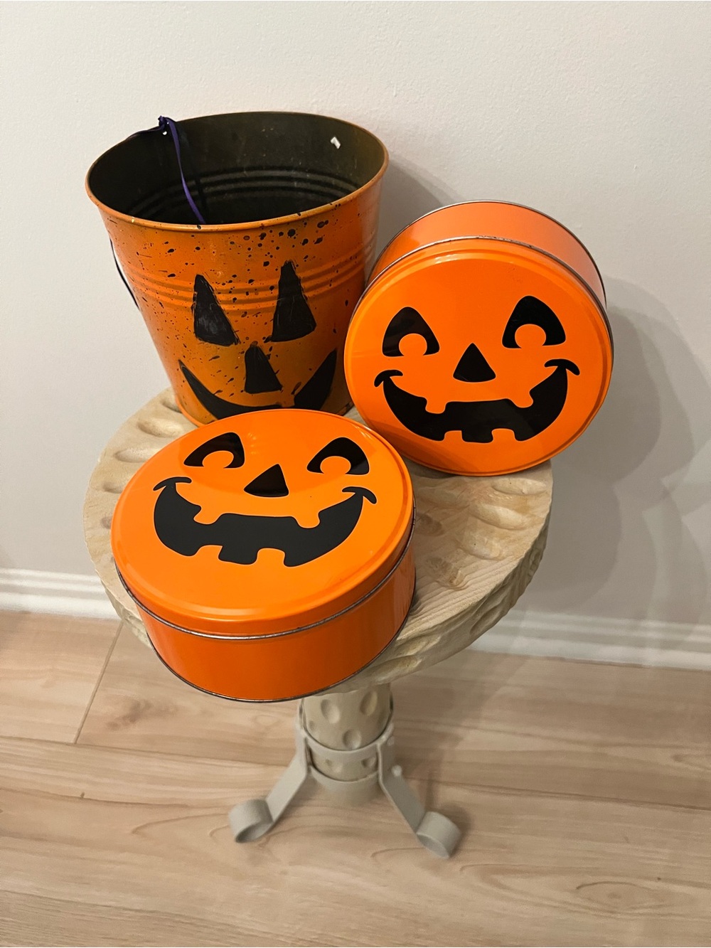 Halloween Orange Jack-O'-Lantern Decorative Tins and Pail Set